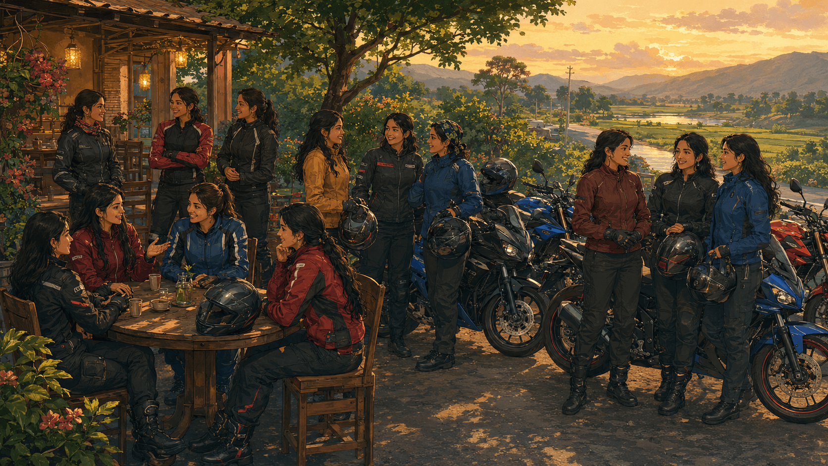 SheRides community of women riders gathered together at sunset